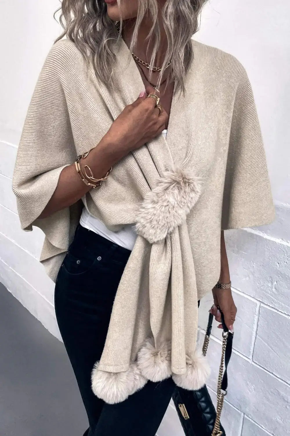 Surplice Neck Pom-Pom Trim Poncho - Trendsi - Flyclothing LLC