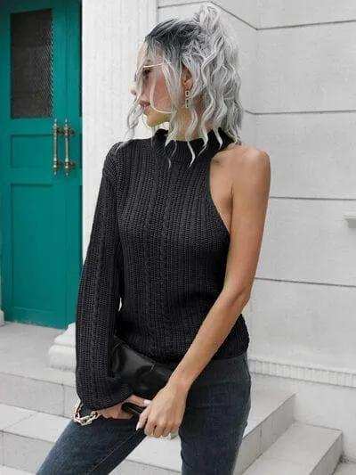 Cable-Knit Round Neck Asymmetrical Sweater - Trendsi - Flyclothing LLC