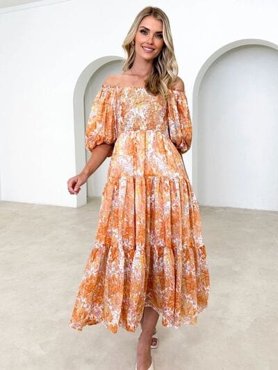 Printed Smocked Off-Shoulder Tiered Dress - Trendsi