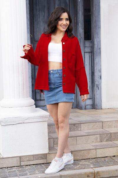 Raw Hem Pocketed Collared Neck Denim Jacket - Trendsi - Flyclothing LLC