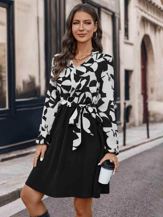 Contrast Notched Tie Front Long Sleeve Dress - Trendsi - Flyclothing LLC