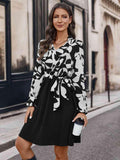 Contrast Notched Tie Front Long Sleeve Dress - Trendsi