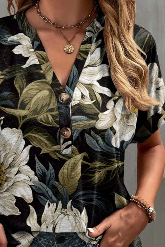 Printed Notched Short Sleeve T-Shirt - Trendsi - Flyclothing LLC