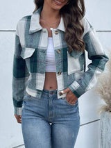 Plaid Button Up Drop Shoulder Cropped Jacket - Trendsi - Flyclothing LLC