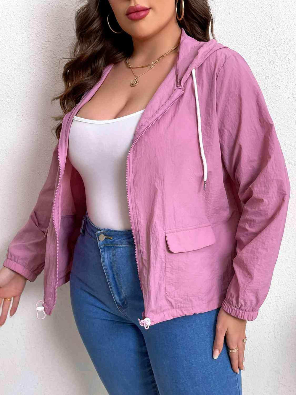 Plus Size Zip-Up Drawstring Hooded Jacket with Pockets - Trendsi - Flyclothing LLC