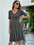 Pleated V-Neck Short Sleeve Tee Dress - Trendsi