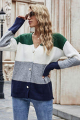 Color Block V-Neck Button Down Cardigan - Trendsi - Flyclothing LLC