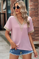 Openwork V-Neck Short Sleeve T-Shirt - Trendsi - Flyclothing LLC