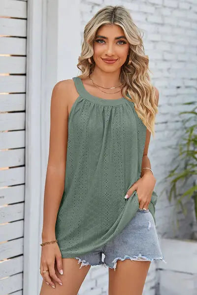 Openwork Round Neck Wide Strap Tank - Trendsi - Flyclothing LLC