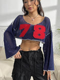 Contrast Patches Long Sleeve Cropped Knit Top - Trendsi