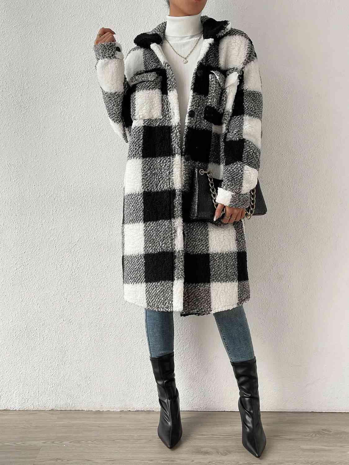 Plaid Collared Neck Button Down Coat - Trendsi