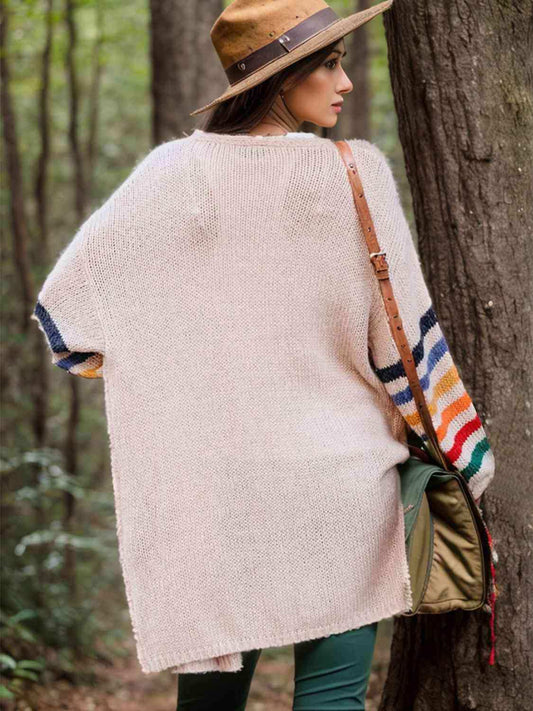 Striped Open Front Long Sleeve Cardigan - Trendsi - Flyclothing LLC