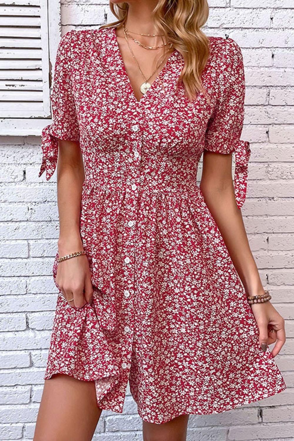 Ditsy Floral Tied Puff Sleeve Button Front Dress - Trendsi