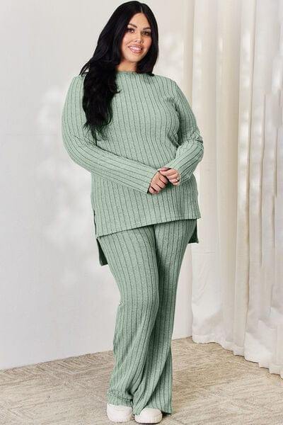 Basic Bae Full Size Ribbed High-Low Top and Wide Leg Pants Set - Trendsi