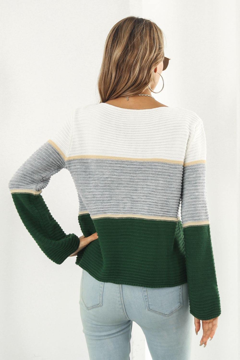 Color Block Horizontal Ribbing Sweater - Trendsi