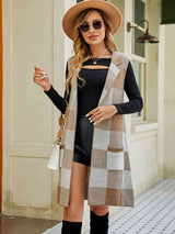 Plaid Lapel Collar Sleeveless Cardigan - Trendsi - Flyclothing LLC