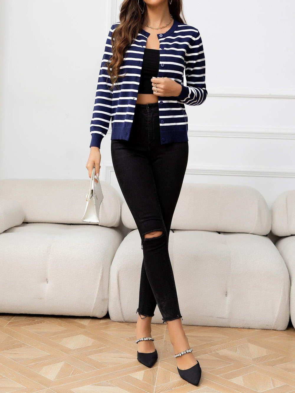 Striped Round Neck Long Sleeve Buttoned Knit Top - Trendsi - Flyclothing LLC