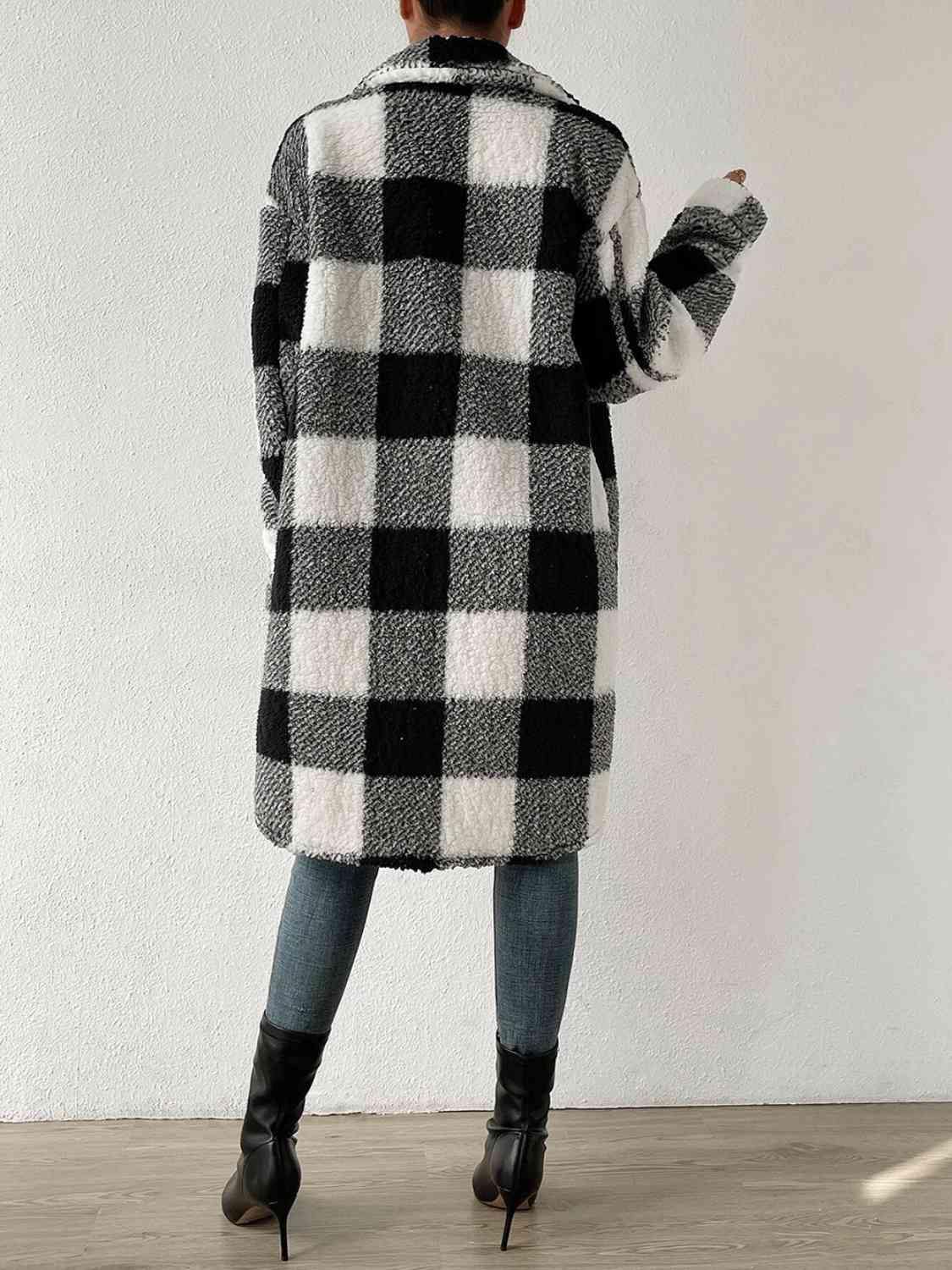 Plaid Collared Neck Button Down Coat - Trendsi