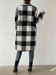 Plaid Collared Neck Button Down Coat - Trendsi