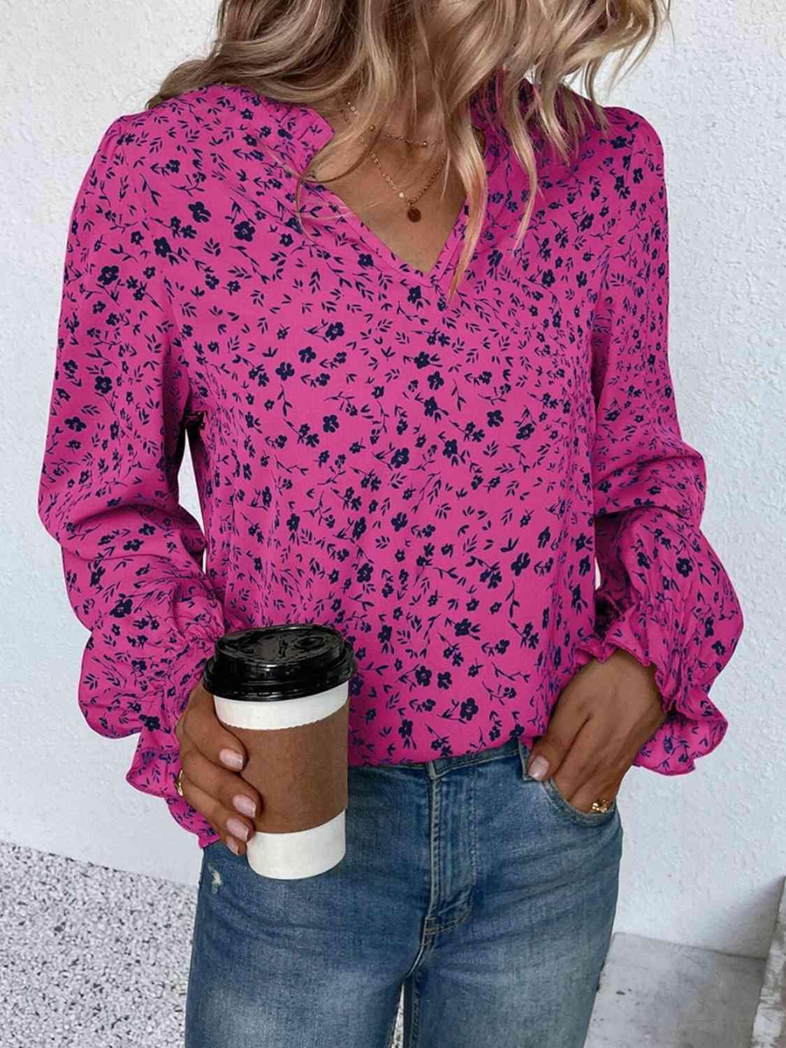 Notched Neck Flounce Sleeve Blouse - Trendsi