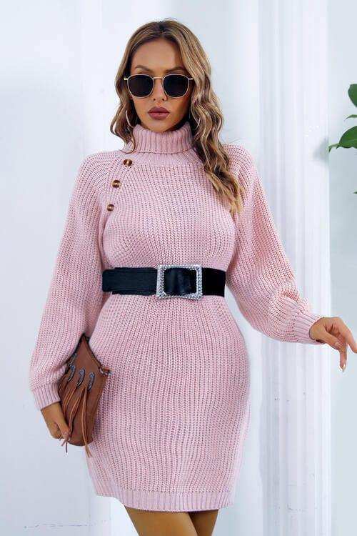 Buttoned Turtleneck Long Sleeve Sweater Dress - Trendsi - Flyclothing LLC
