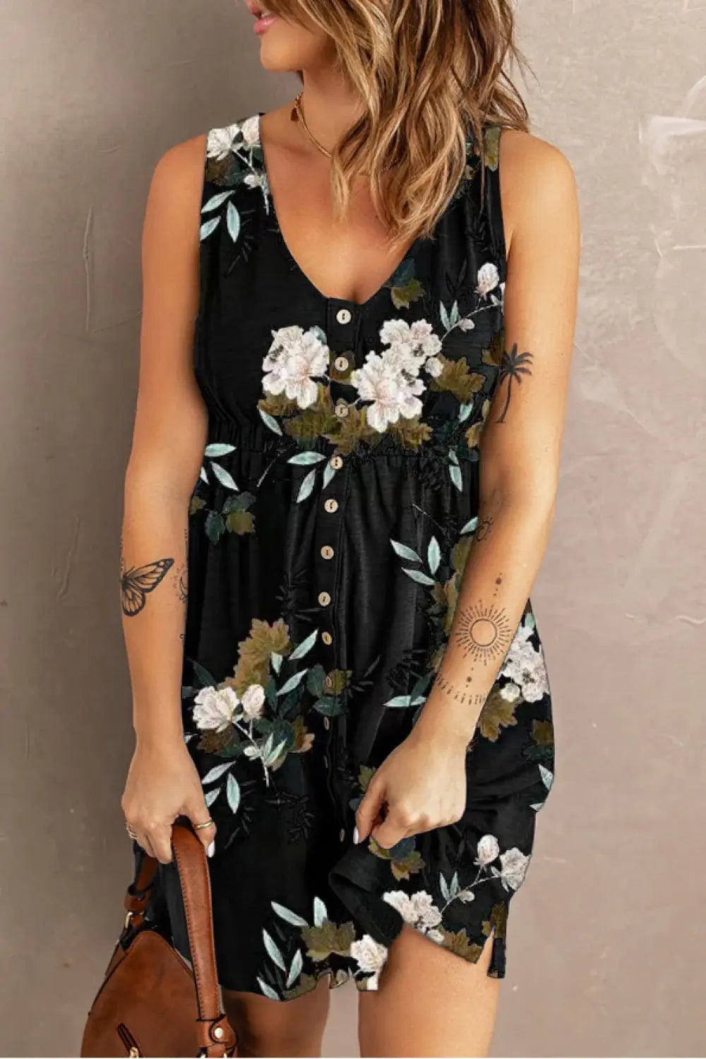 Double Take Printed Scoop Neck Sleeveless Buttoned Magic Dress with Pockets - Trendsi - Flyclothing LLC