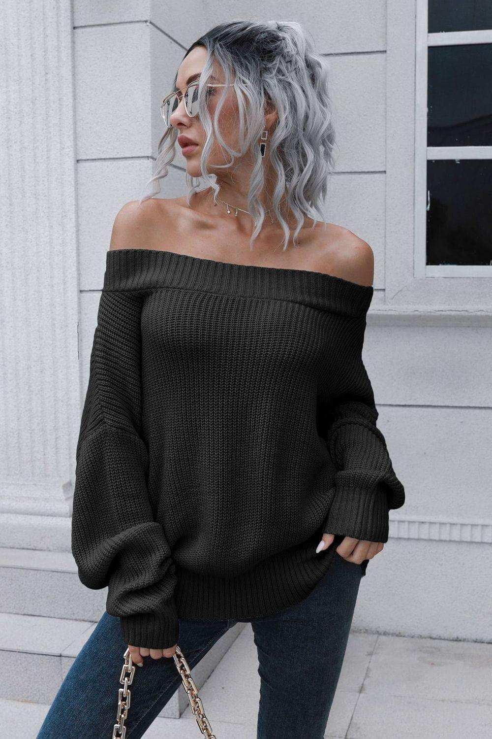 Off-Shoulder Ribbed Long Sleeve Pullover Sweater - Trendsi - Flyclothing LLC