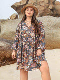 Plus Size Printed V-Neck Balloon Sleeve Mini Dress - Trendsi - Flyclothing LLC