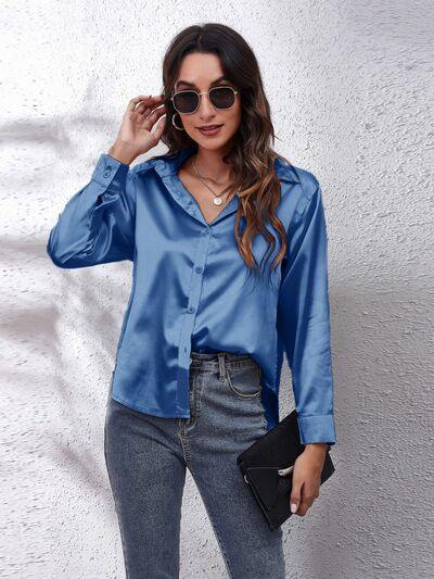 Button Up Collared Neck Long Sleeve Shirt - Trendsi