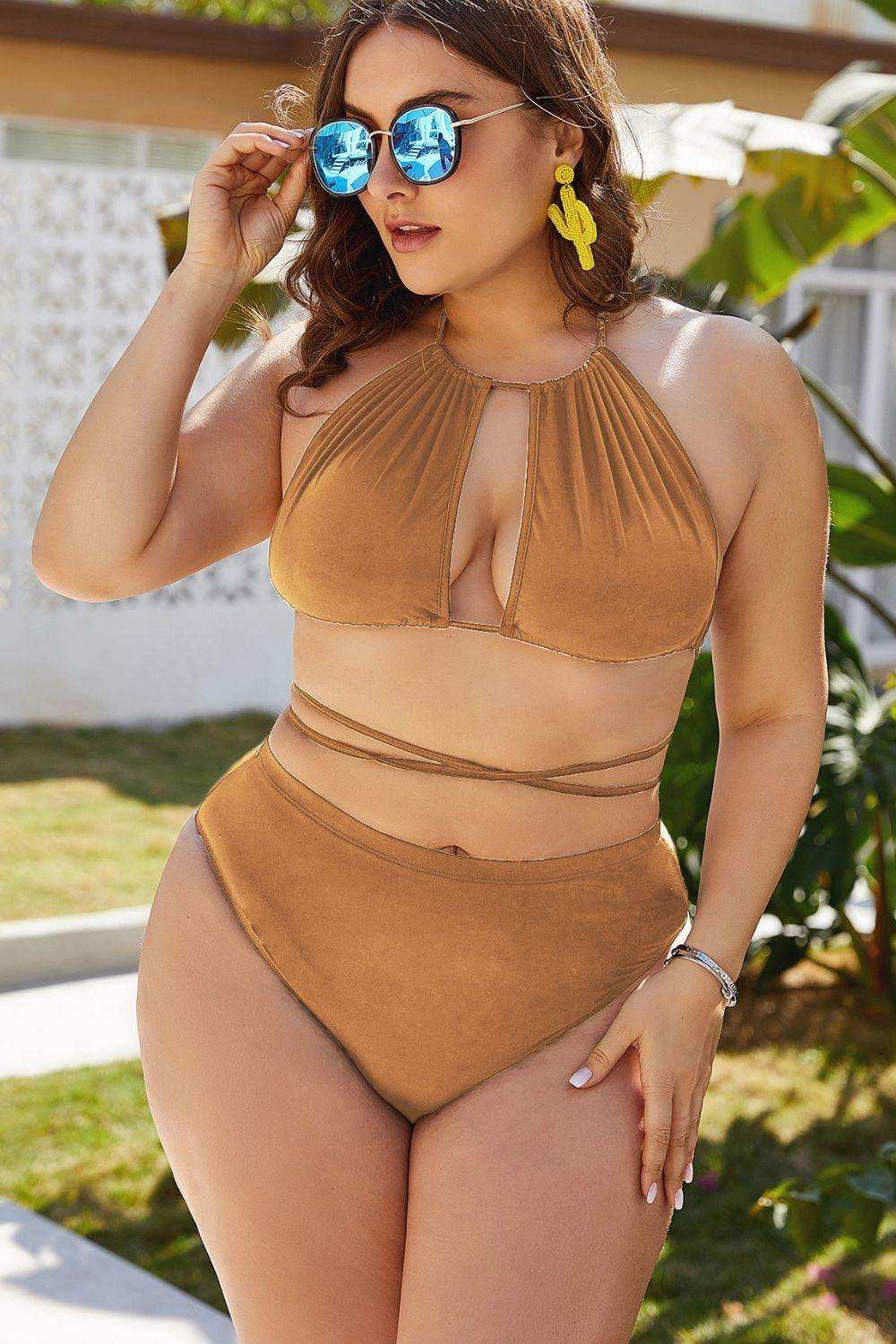 Plus Size Cutout Tied Backless Bikini Set - Trendsi - Flyclothing LLC