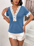 Lace Detail V-Neck Short Sleeve T-Shirt - Trendsi - Flyclothing LLC