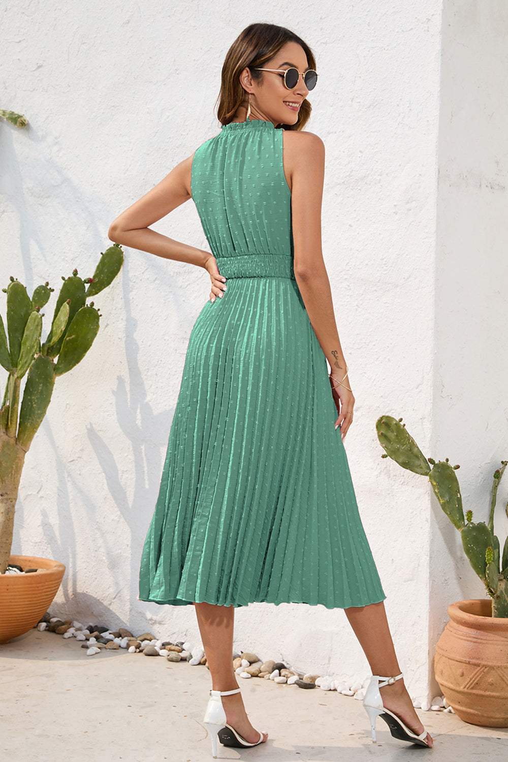 Swiss Dot Tie Neck Sleeveless Dress - Trendsi - Flyclothing LLC