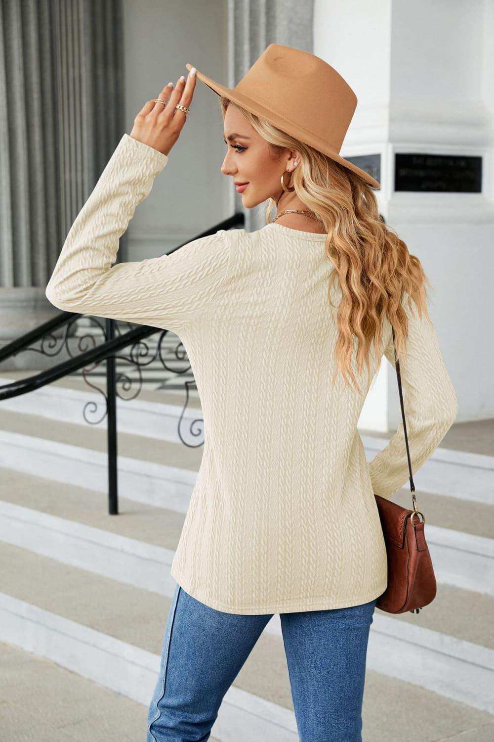 Cable-Knit Long Sleeve V-Neck T-Shirt - Trendsi - Flyclothing LLC