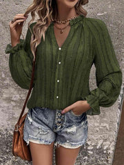 Notched Neck Flounce Sleeve Shirt - Trendsi