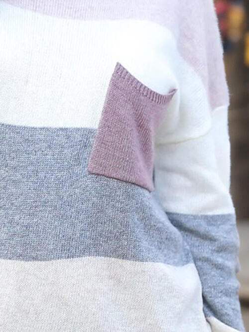 Striped Round Neck Sweater with Pocket - Trendsi - Flyclothing LLC