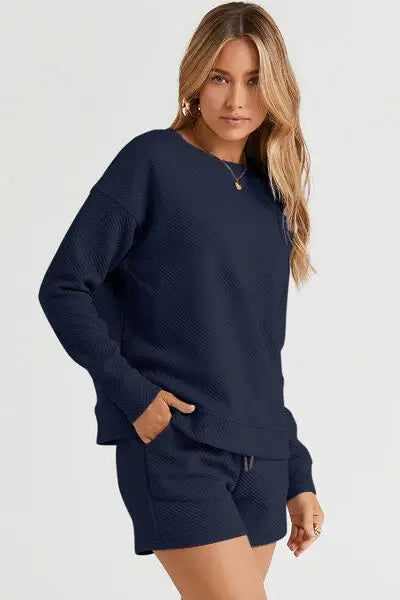 Double Take Full Size Texture Long Sleeve Top and Drawstring Shorts Set - Trendsi - Flyclothing LLC