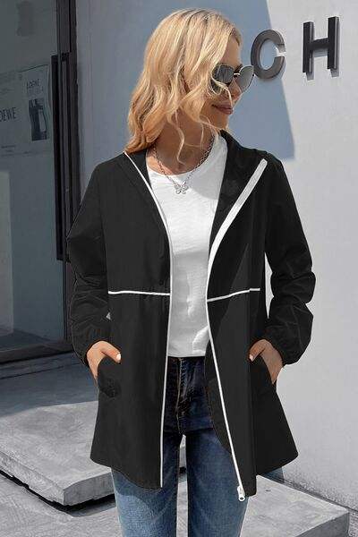 Zip Up Long Sleeve Hooded Watertight Jacket - Trendsi - Flyclothing LLC