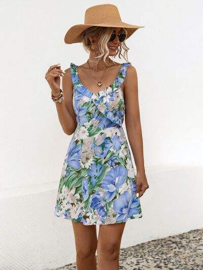 Printed Ruffled Surplice Wide Strap Mini Dress - Trendsi - Flyclothing LLC