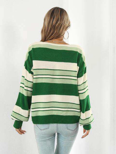 Striped V-Neck Long Sleeve Knit Top - Trendsi - Flyclothing LLC