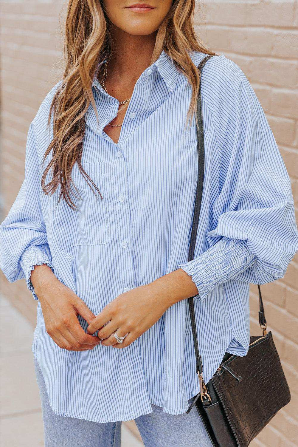 Striped Lantern Sleeve Collared Shirt - Trendsi - Flyclothing LLC
