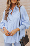 Striped Lantern Sleeve Collared Shirt - Trendsi - Flyclothing LLC