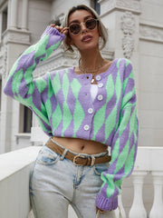 Argyle Button Front Drop Shoulder Cardigan - Trendsi