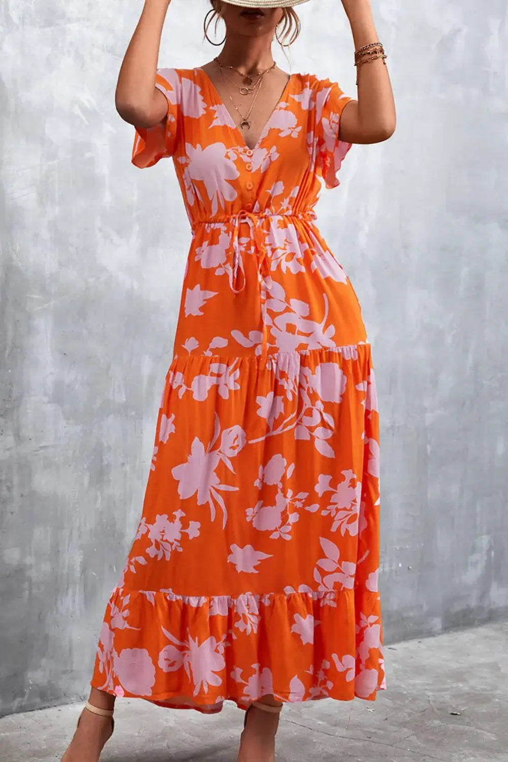 Floral Buttoned Drawstring Waist Tiered Dress - Trendsi - Flyclothing LLC