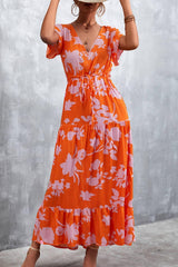 Floral Buttoned Drawstring Waist Tiered Dress - Trendsi - Flyclothing LLC