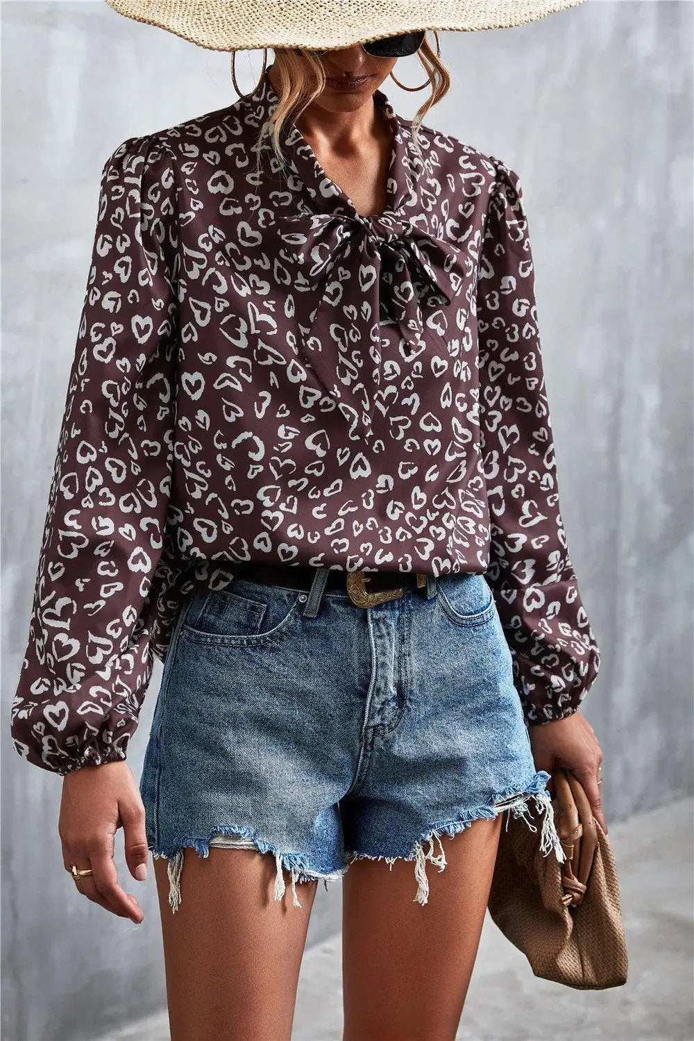 Printed Tie Neck Puff Sleeve Blouse - Trendsi - Flyclothing LLC