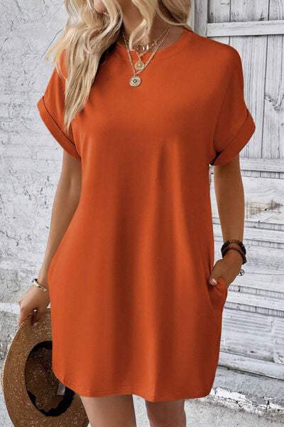 Pocketed Round Neck Short Sleeve Dress - Trendsi - Flyclothing LLC