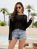 Fringe Trim Openwork Long Sleeve Cover-Up - Trendsi