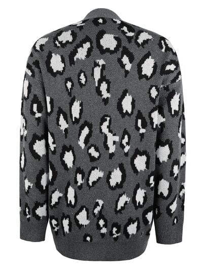 Leopard Open Front Dropped Shoulder Cardigan - Trendsi