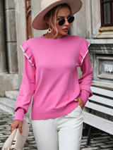 Round Neck Ruffle Trim Long Sleeve Pullover Sweater - Trendsi - Flyclothing LLC