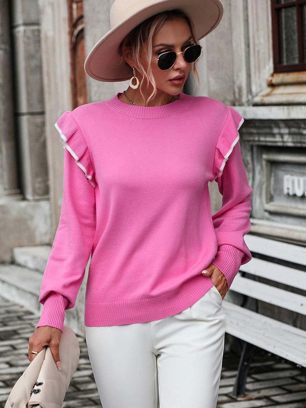Round Neck Ruffle Trim Long Sleeve Pullover Sweater - Trendsi